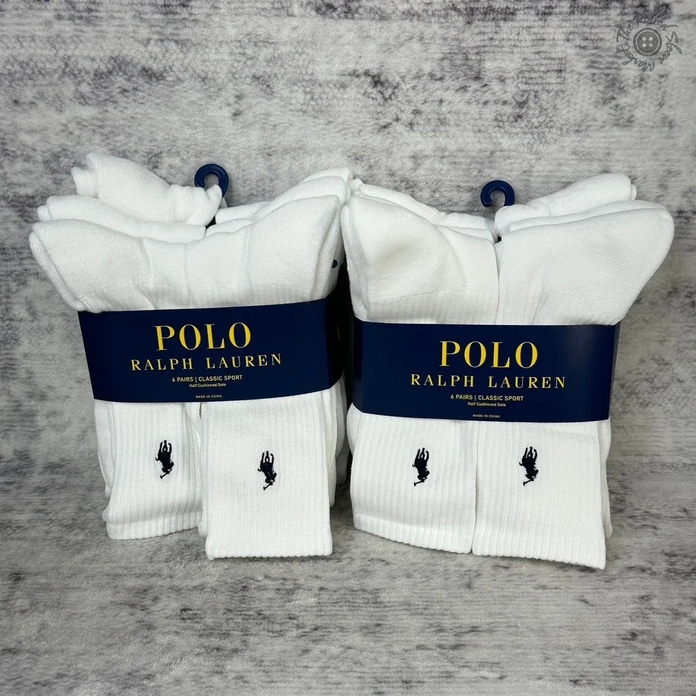 New - Lot of 2 - Polo Ralph Lauren Classic Sport Crew‎ Socks White 6 Pair Packs